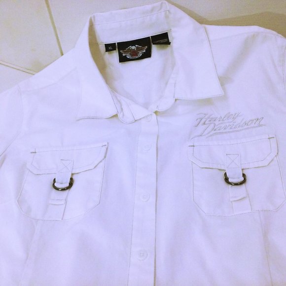 2008 Harley Davidson Blouse SSL Top Shirt Ladies-XL Pockets Buckles Logo White - Picture 8 of 10
